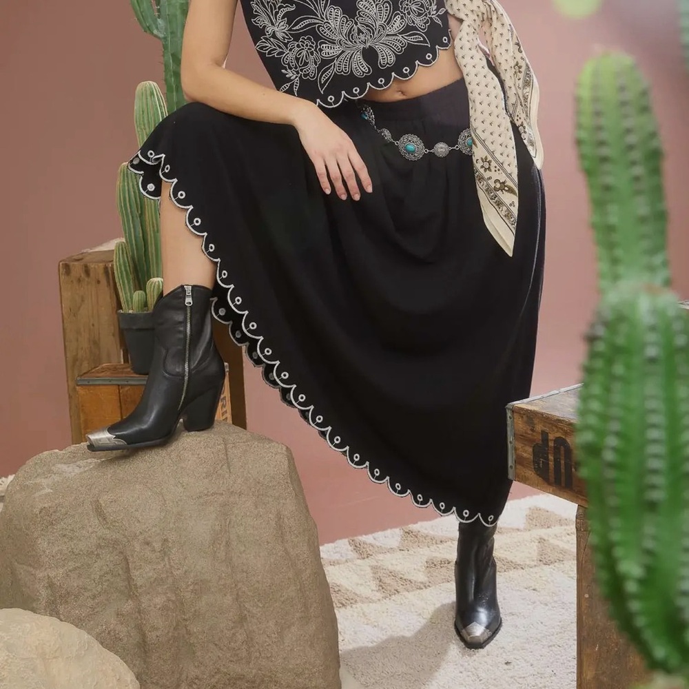 ON SALE 508.  Black Maxi Skirt With White Embroidered Hem, Boho Festival